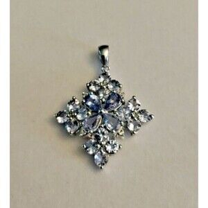 Sterling Silver Tanzanite Flower Pendant 925 By JS 1 3/8" Long 1" Wide Vintage